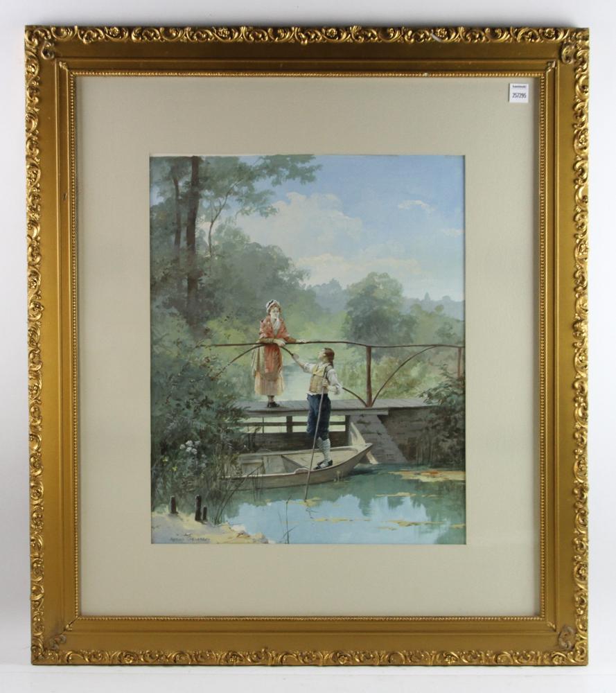 Gendreau, Watercolor of Couple on Bridge: Courting couple on bridge, watercolor, singed LL Adrian Gendreau, 21" x 17 1/4" sight, frame 35" x 30 3/4". Provenance: Estate of Norma Szaro, Swampscott, MA.