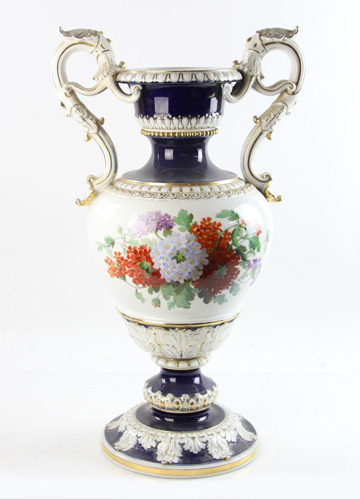 19th Century Meissen Floor Vase: 19th century Meissen handled floor vase, floral motif, cobalt and white ground, gilt highlights, blue underglaze mark, 24" H. Provenance: Estate of Norma Szaro, Swampscott, MA.