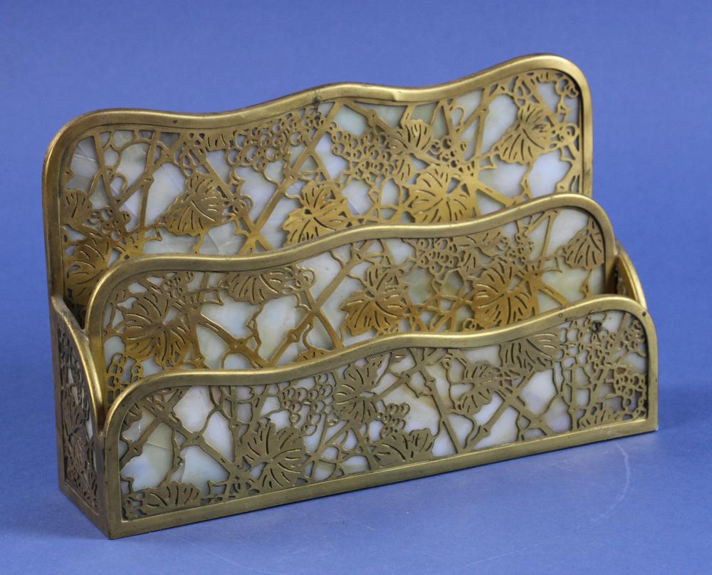 Tiffany Studios Letter Holder: Tiffany Studios bronze and slag glass letter holder, 6 1/4" H x 10" W x 2 1/2"D. Provenance: Estate of Norma Szaro, Swampscott, MA.