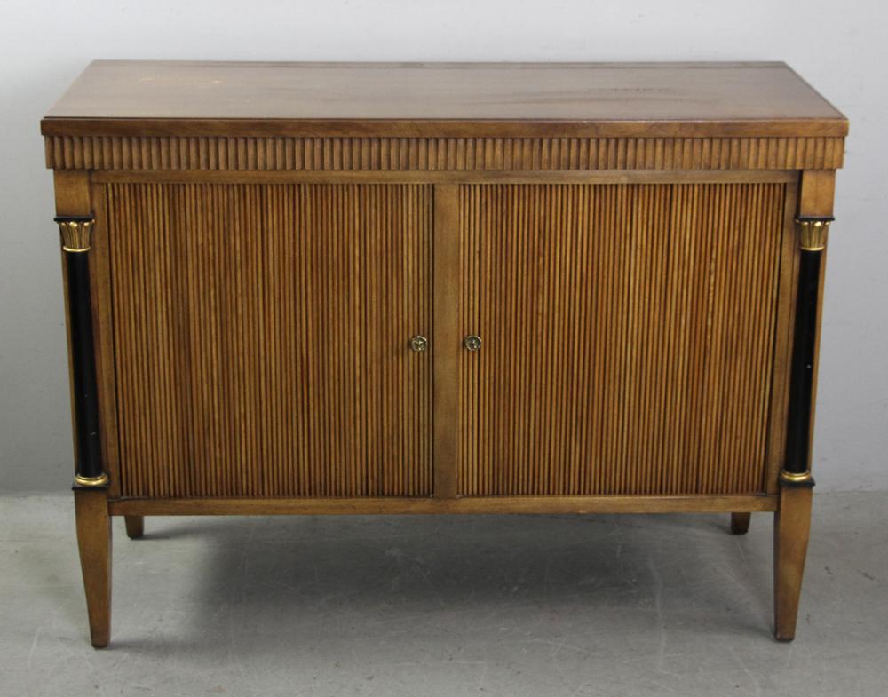 Mid Century Biedermeier Style Credenza: Mid century Biedermeier-style credenza with tambour doors, 35" H x 47 1/2" W x18 1/2" D. Provenance: Estate of Norma Szaro, Swampscott, MA.