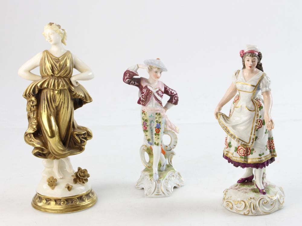 Meissen Style Porcelain Figurines: German Meissen-style porcelain figures, three (3) total, tallest 8" H. Provenance: Estate of Norma Szaro, Swampscott, MA.