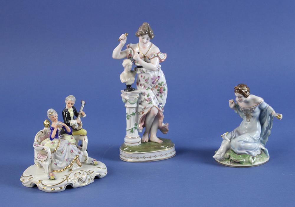 Meissen Style Porcelain Figurines: German Meissen-style porcelain figures, three (3) total, tallest 8 1/2" H. Provenance: Estate of Norma Szaro, Swampscott, MA.