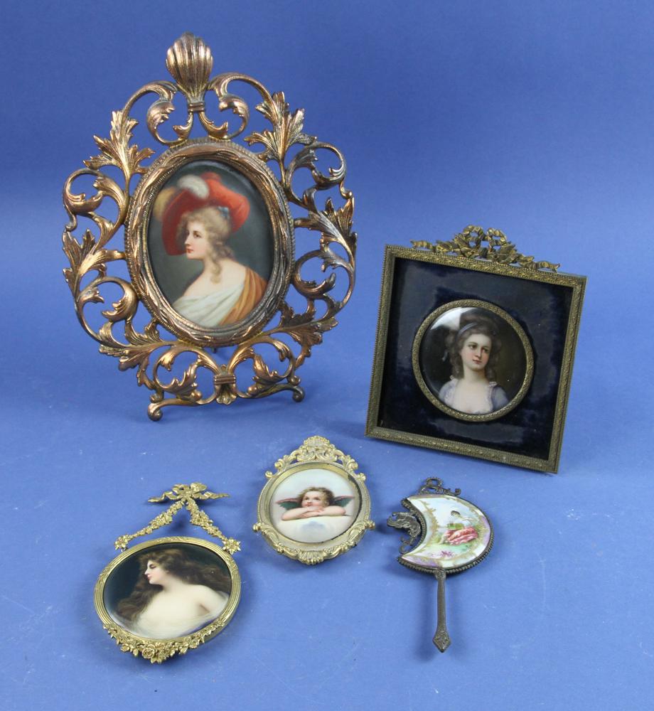 Hand Painted Portraits on Porcelain: Collection of 19th century hand-painted portraits on porcelain, one artist signed on back 'Erblicht', one marked 'Firense', one titled Duchess of Exeter, one on the front of a hand mirror, five (5) to
