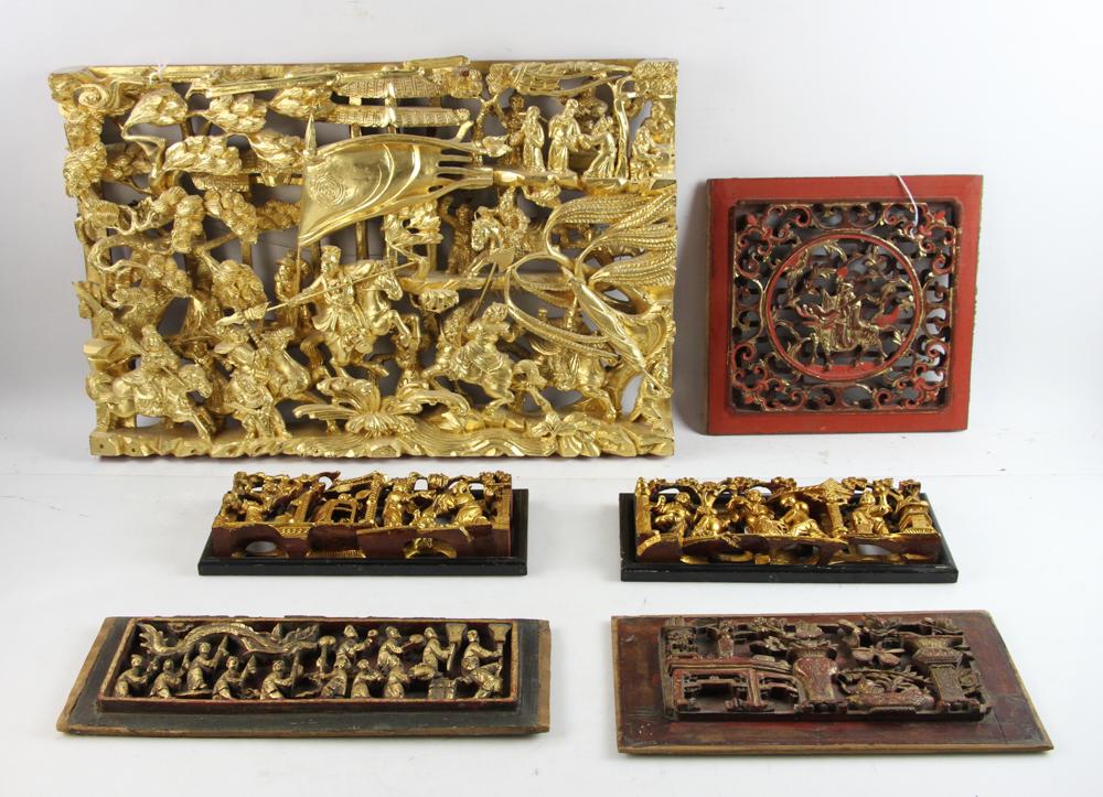 Chinese Carved Giltwood Plaques: Chinese carved glitwood wall plaques, six (6) total, largest, depicting warriors in battle, 16" x 24". Provenance: Estate of Norma Szaro, Swampscott, MA.