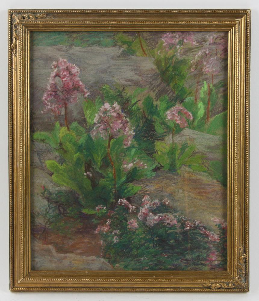 Anna C Tomlinson, Floral Landscape, Pastel: Anna C. Tomlinson (American, 1872-1962), floral landscape, pastel, 11 1/2" x 9 1/2". Provenance: From a Beverly, Massachusetts estate.