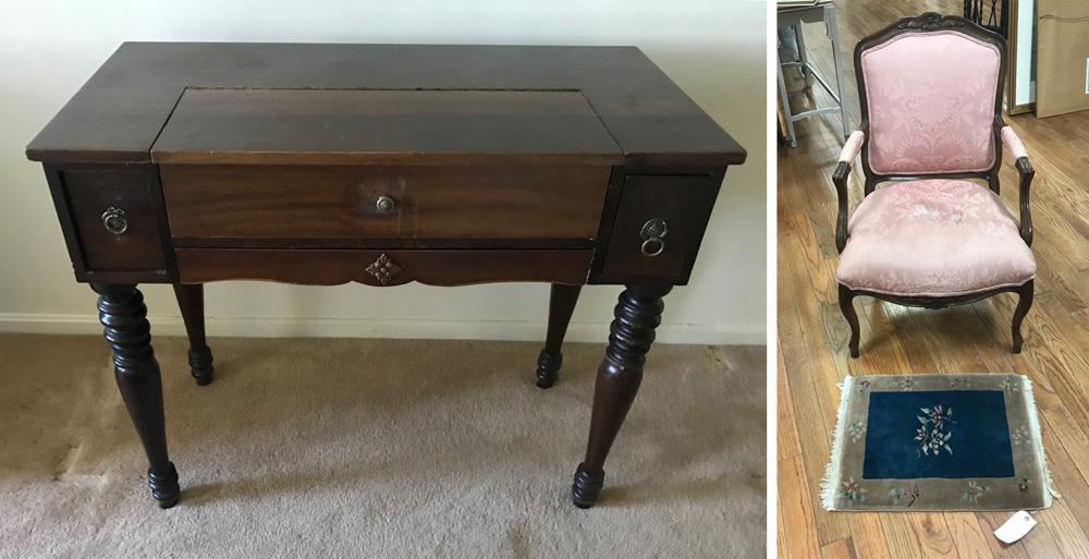 Antique Spinet Desk and French Armchair with Rug: Antique spinet desk and a French armchair, together with rug. Provenance: Estate of antique dealer Mr. Bob Tassel.