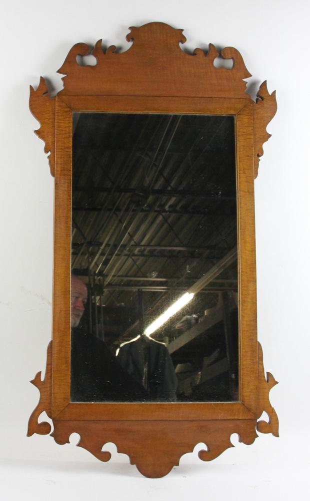 Tiger Maple Chippendale Style Mirror: Tiger maple Chippendale-style mirror, 37" x 20". Provenance: From a Delray Beach, Florida estate.
