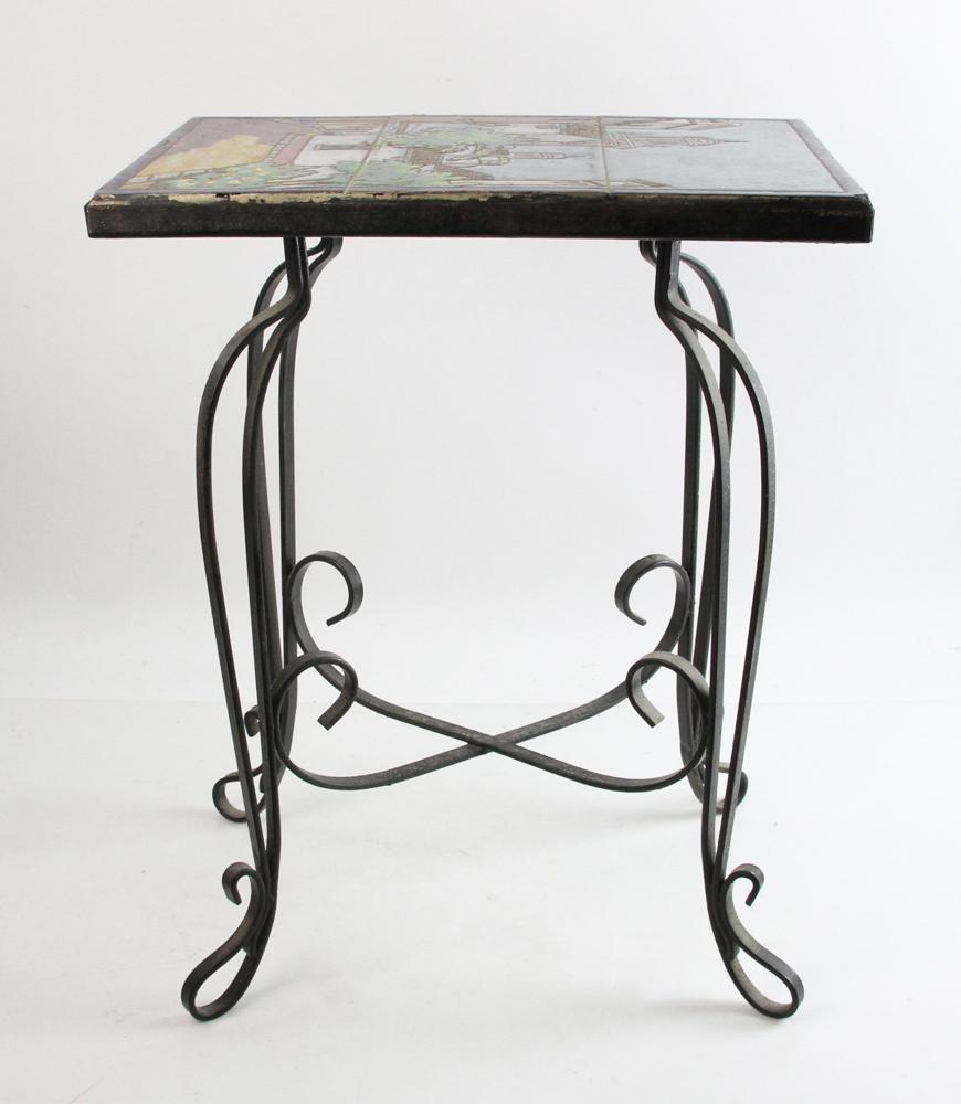 Antique California Tile Top Iron Table: Antique California tile-top iron table, 21 1/2" H x 17" W x 11" D. Provenance: West Palm Beach, Florida estate.