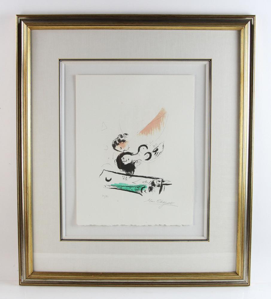 Marc Chagall, Le Tour Eiffel, Lithograph: Marc Chagall (1887-1985), "Le Tour Eiffel", lithograph edition 72/92, signed and numbered in pencil; 16 1/2" x 12 3/4" image, 30" x 28" framed. Provenance: Nahant, Massachusetts estate.