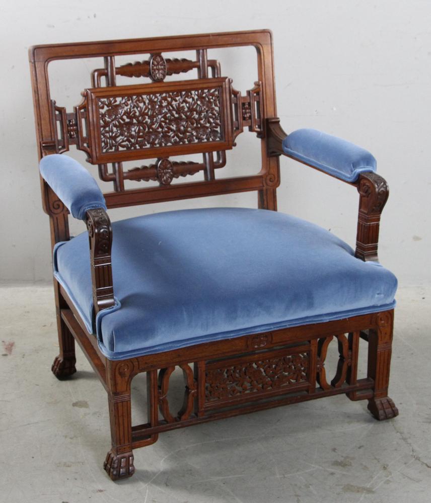 19thC Chinese Upholstered Armchair: 19th century Chinese armchair with Simmon's upholstery, 32" H x 29" W x 24" D, seat height 16". Provenance: Nahant, Massachusetts estate.