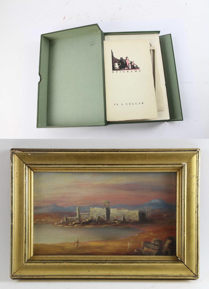 Christopher Morley Ephemera and Unsigned Oil Painting: Group of assorted items to include: Christopher Morley (1890-1957), American journalist, novelist, essayist, and poet, boxed collection of examples of his works, including letters and signatures. With
