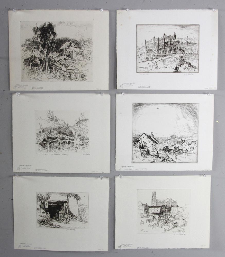 Lester Hornby WWI Era Etchings: Lester George Hornby (American, 1852-1956), WWI era etchings, European scenes, plate 7 1/4" x 9", sheet 9 1/2" x 12", signed in pencil below image. Provenance: Deaccessioned from the Danforth Museum o