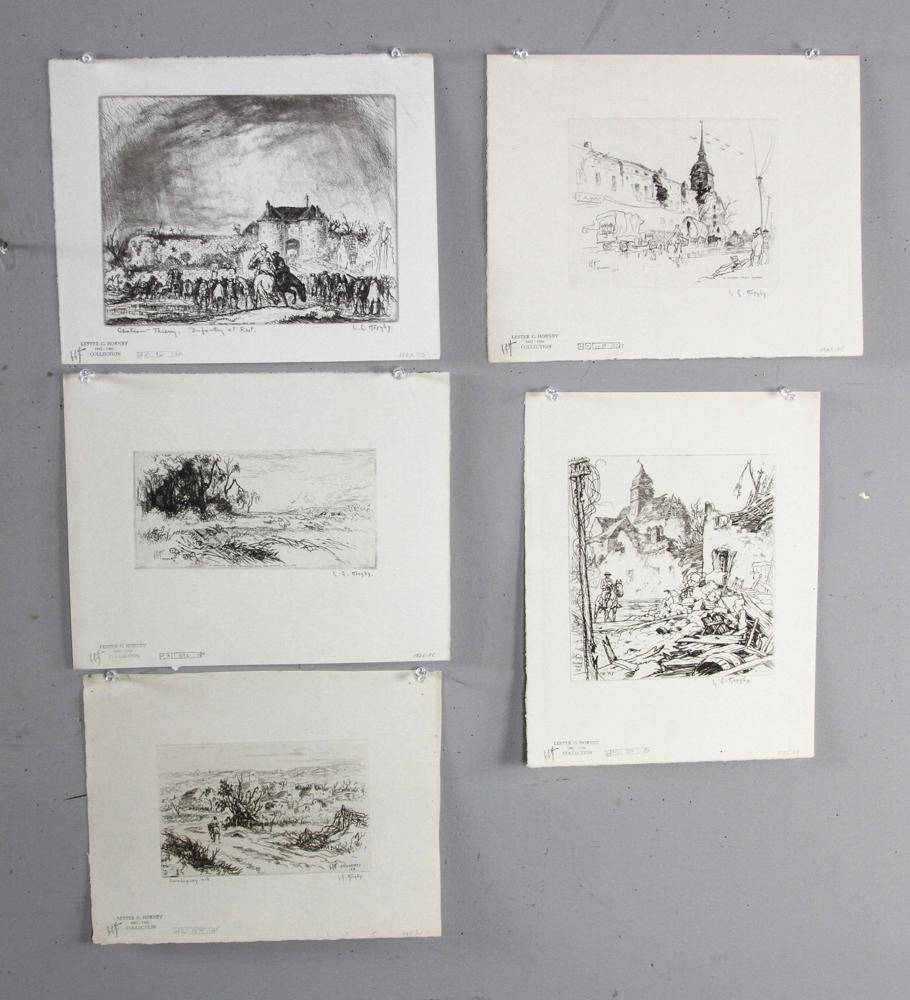 Lester Hornby WWI Era Etchings: Lester George Hornby (American, 1852-1956), WWI era etchings, European scenes, largest plate 7 1/4" x 9 1/8", sheet 12" x 9 3/4", signed in pencil below image. Provenance: Deaccessioned from the Danfo