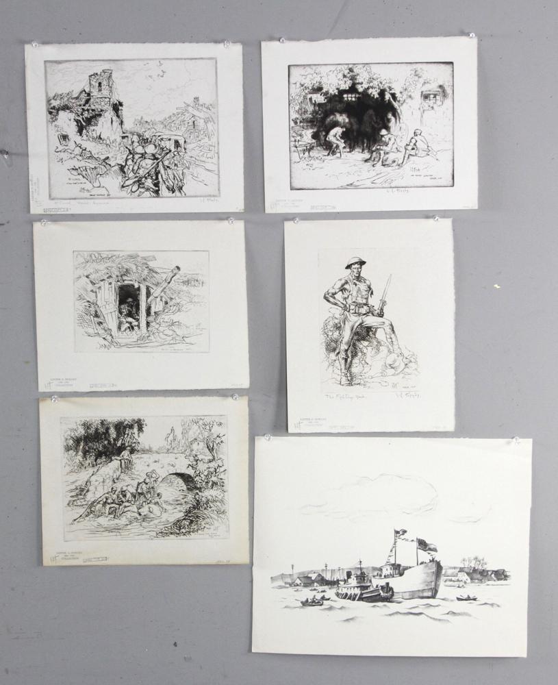 Lester Hornby WWI Era Etchings and Print: Lester George Hornby (American, 1852-1956), five WWI era etchings and one print, print sheet 13" x 16". Provenance: Deaccessioned from the Danforth Museum of Framingham State University, Massachusetts