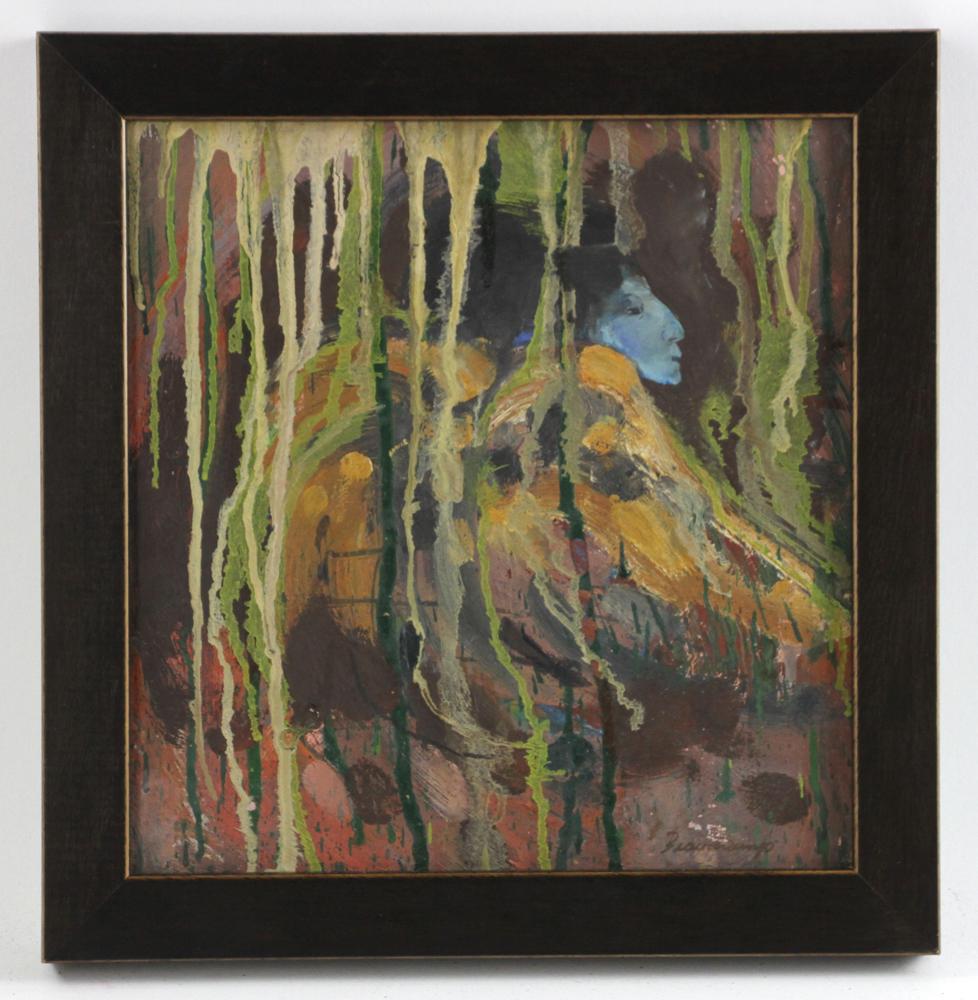 Robert Beauchamp, Abstract Oil on Board: Robert Beauchamp (American, 1923-1995), abstract oil on board with blue face in center upper right, signed L/R, image 10" x 9 3/4", framed 12 1/2" x 12". Provenance: Deaccessioned from the Danforth Mu