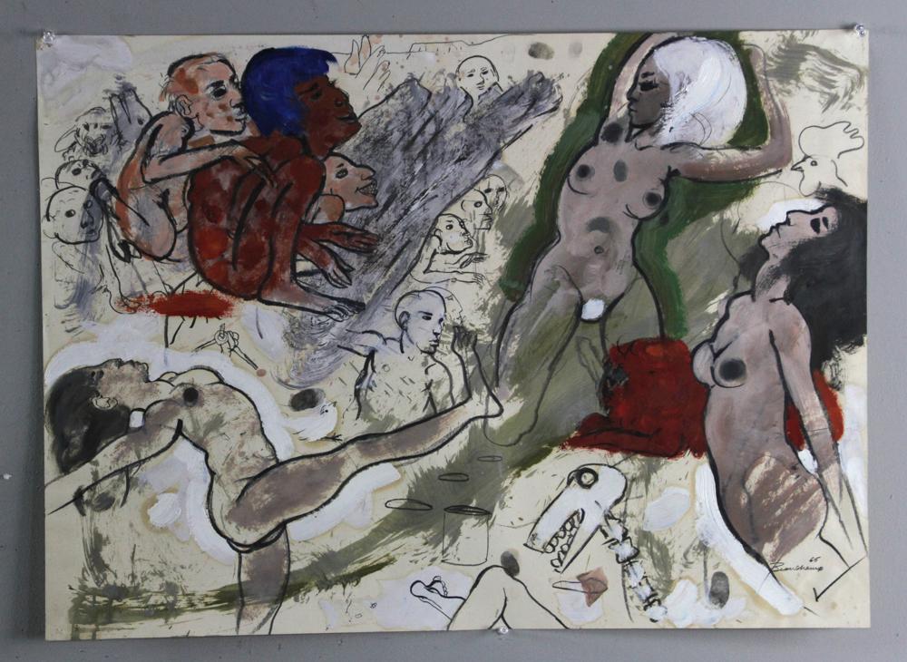 Robert Beauchamp, Mixed Media of Nudes: Robert Beauchamp (American, 1923-1995), mixed media painting on paper, women and men, nude, with abstract shapes surrounding, signed and dated L/R, sheet 22 1/4" x 30", unframed. Provenance: Deaccessi