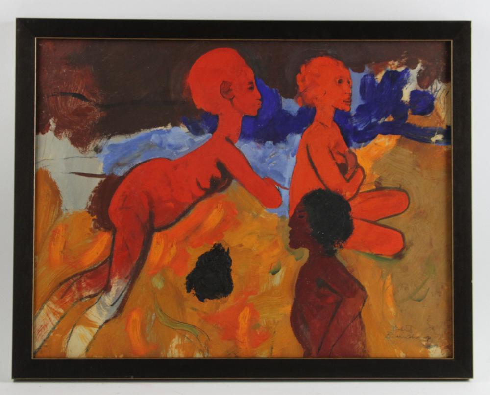 Robert Beauchamp, Oil on Board of Nudes: Robert Beauchamp (American, 1923-1995), oil on board of red nude figures, signed L/R, image 18" x 23 1/4", framed 20 1/4" x 25 3/4". Provenance: Deaccessioned from the Danforth Museum of Framingham St