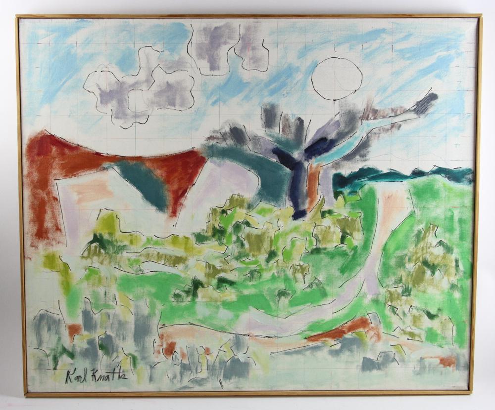 Karl Knaths, Oil on Canvas, Road: Karl Knaths (American, 1891-1971), oil on canvas "Road", date 1968-70, signed L/L, image 30" x 36", framed 30 1/2" x 36 1/2". Provenance: Deaccessioned from the Danforth Museum of Framingham State Uni
