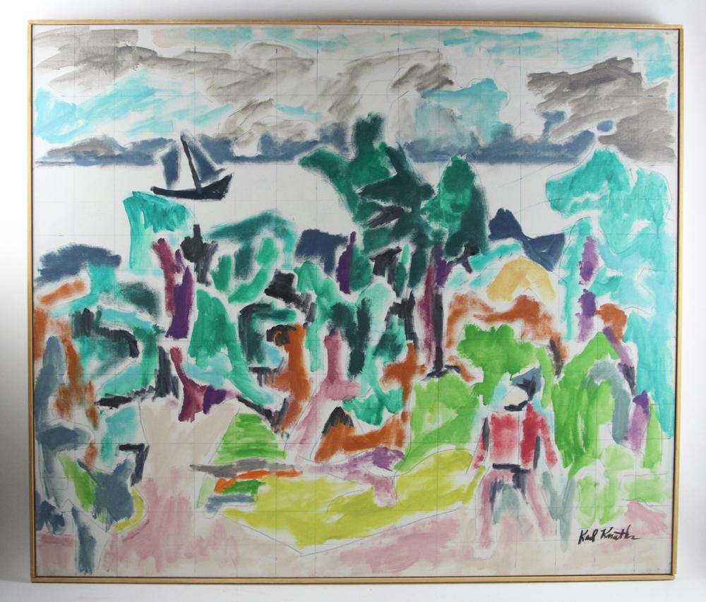 Karl Knaths, Oil on Canvas, Bay View: Karl Knaths (American, 1891-1971), oil on canvas "Bay View", image 36" x 42", framed 36 1/2" x 42 1/2". Provenance: Deaccessioned from the Danforth Museum of Framingham State University, Massachusetts