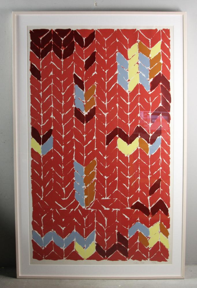 Katherine Porter, Silkscreen Herringbone Red: Katherine Porter (American, b.1941), silkscreen herringbone pattern red, signed L/R and numbered 23/199, image 62" x 38", framed 72" x 46". Provenance: Deaccessioned from the Danforth Museum of Framin