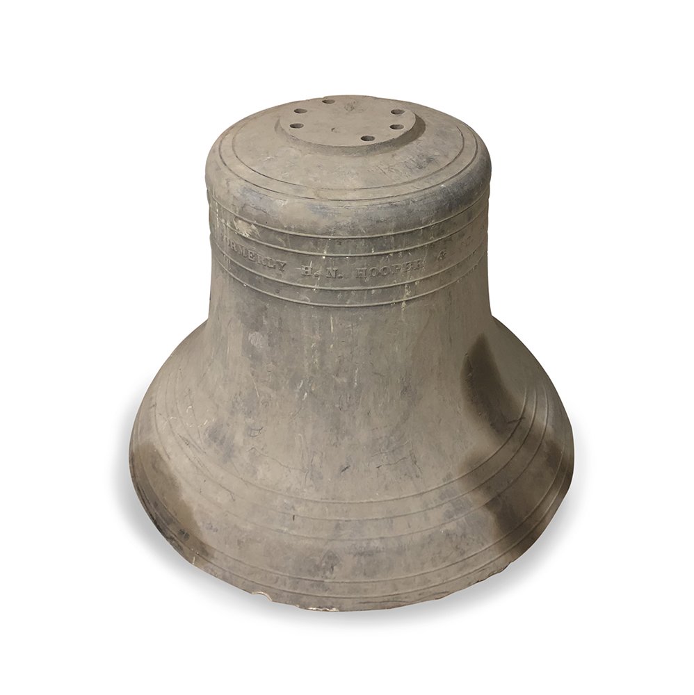Large Cast Bronze Bell: A large cast bronze bell, approximately two-thousand pounds in weight, "Cast by William Blake and Co. formerly H.N. Hooper and Co. Boston, MA AD 1873. 34 1/2" H x 45 1/2" W.