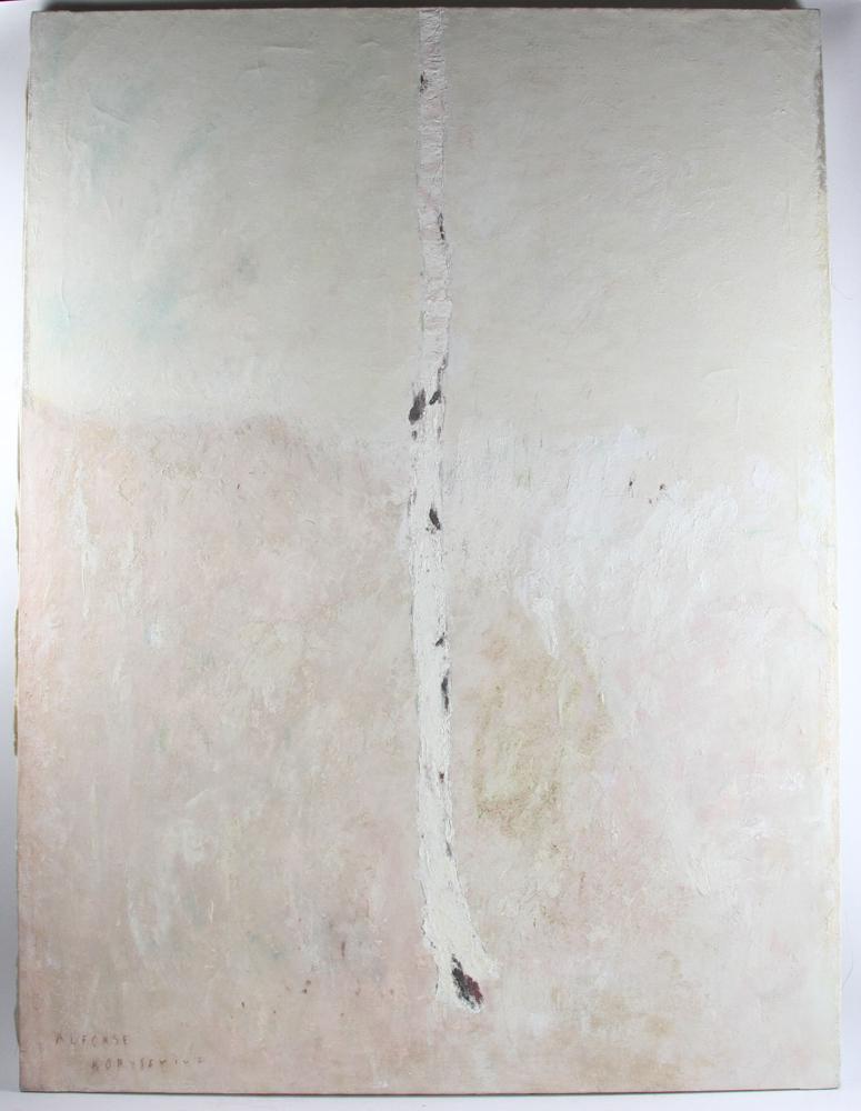Alfonese Borysewicz Abstract, Taped Birch: Alfonse Borysewicz (American, b.1957), abstract oil and wax on linen, "Taped Birch", signed L/L, 51 1/2" x 38 1/4", unframed. Provenance: Deaccessioned from the Danforth Museum of Framingham State Uni