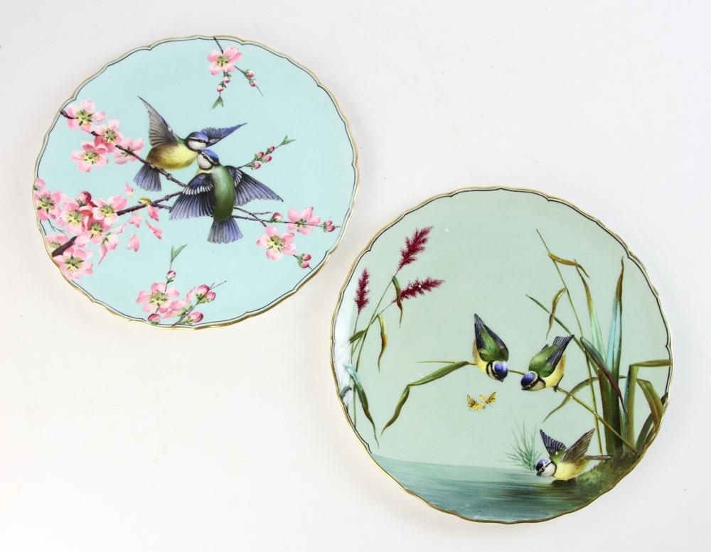 Handpainted Minton China Dishes with Birds: Two Minton China dishes with handpainted birds, 9". Provenance: The estate of Rosalind Nadell Scheer, NY, NY.