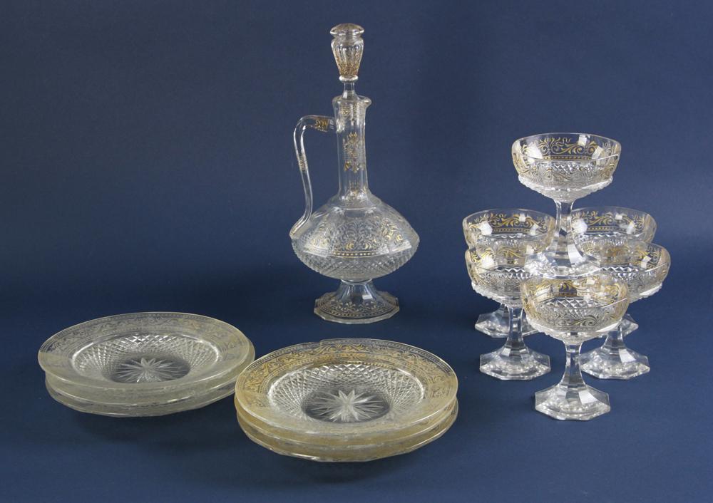 Early 20thC Crystal Glass Dessert Set: Early 20th century crystal glass dessert set of (6) stems and plates with decanter (13" H). Provenance: Stoneham, Massachusetts estate.