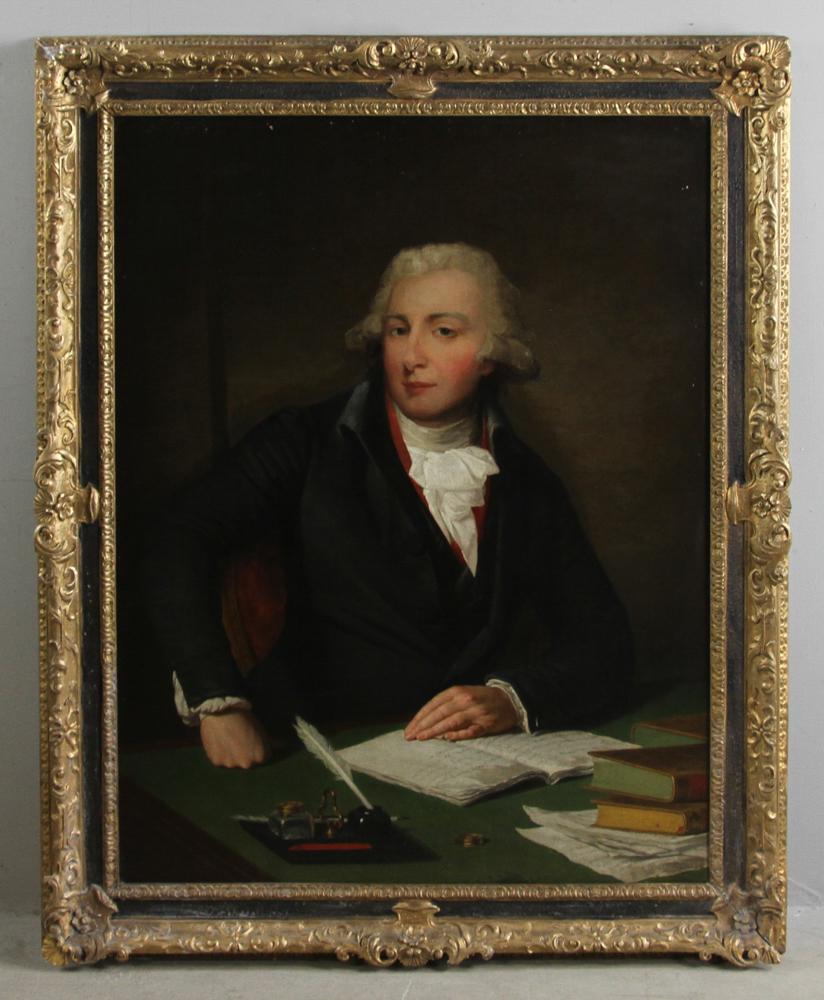 Late 18thC American Portrait of a Statesman: Late 18th century American portrait of a statesman at his desk, oil on canvas, 44" x 34", framed 51" x 41". Provenance: From a Beacon Hill, Boston estate.