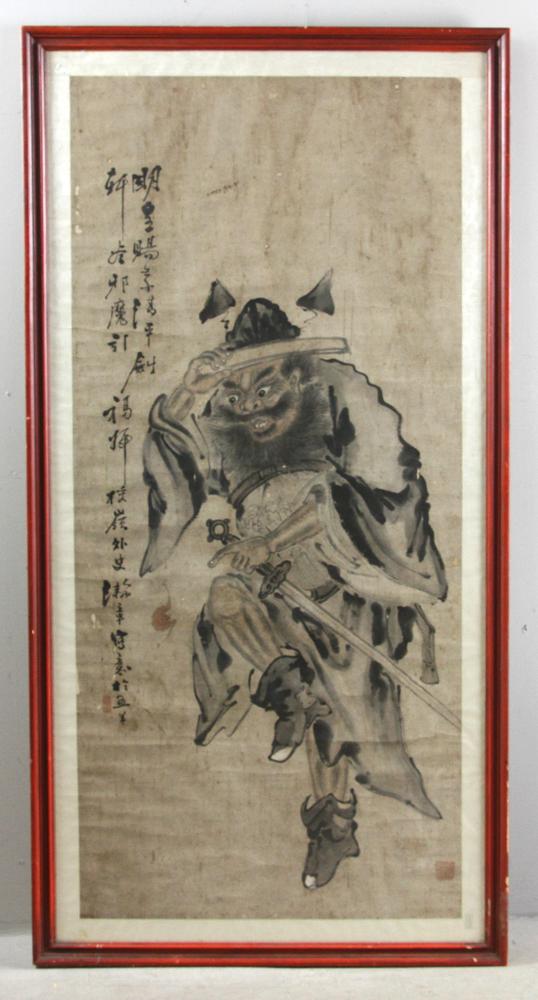 Large Chinese Qing Dynasty Watercolor: Large Chinese Qing Dynasty watercolor painting on paper, signed Han Zhang, Qing Dynasty name Fu Shen (God of luck), 61 1/2" x 31 1/2".