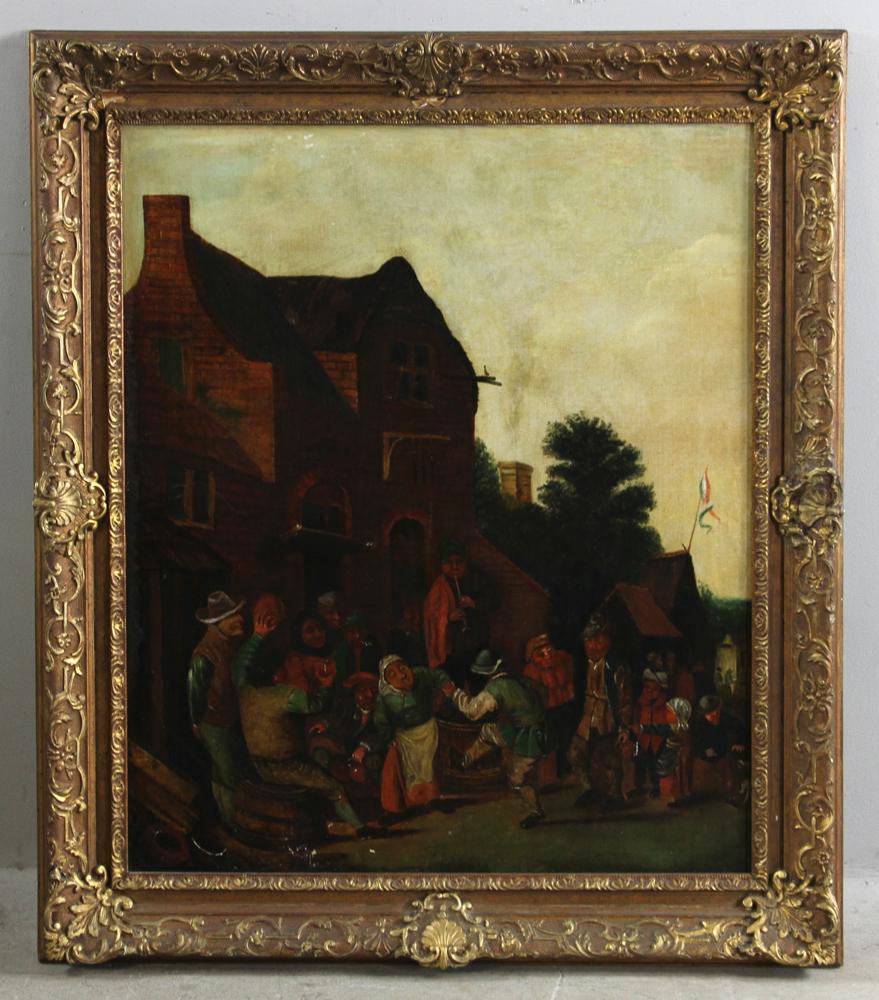 19thC Dutch School, Dancing Peasants: 19th century Dutch School, dancing peasants, oil on canvas, 30" x 25", framed 36" x 31". Provenance: Boston, Massachusetts estate.