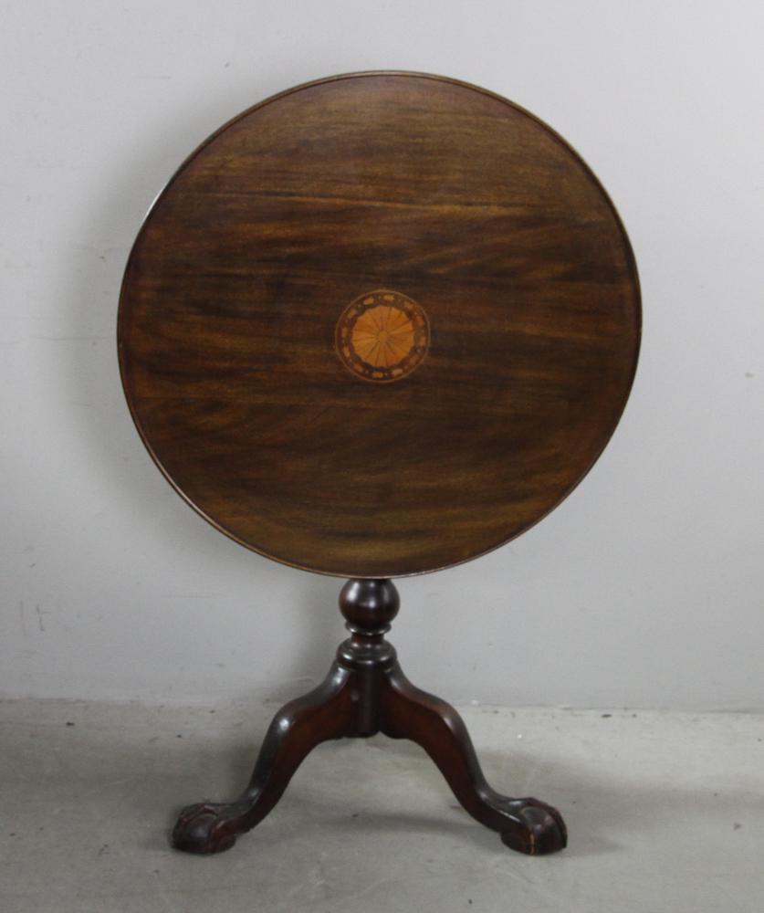 Chippendale Style Tilt Top Tea Table: Chippendale-style tilt-top tea table with inlay, 28 3/4" H x 27 3/4" diameter. Provenance: Stoneham, Massachusetts estate.