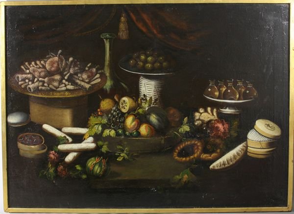 18/19th C. Italian or Spanish, Still Life, o/c: Late 18th/early 19th Century Italian or Spanish school, still life, o/c, 36" x 50", in frame 37 1/4" x 51 1/4". Old restoration.