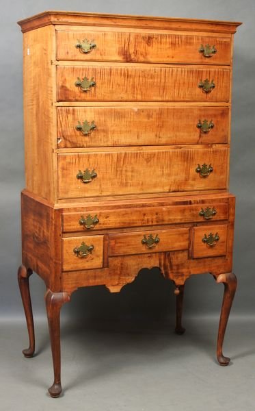 18th C. New England QA Maple Highboy: 18th Century New England Queen Anne maple highboy, 67"h. x 37 1/2"w. x 20"d. Some damage; one drop finial missing.