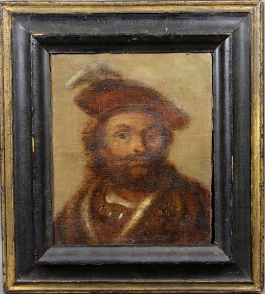 17th C., Portrait of Rembrandt, lbl Ferdinand Bol: 17th Century Rembrandt School, portrait of Rembrandt, o/c, labeled Ferdinand Bol, Herbert Lull Newburyport, Picture 1102, Frame 456, 10" x 8", in frame 14" x 12 1/2".