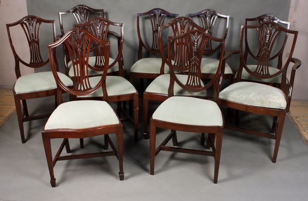 Set of (10) Early 19th C. Hepplewhite Chairs: Set of ten (10) early 19th Century custom Hepplewhite mahogany shield-back dining chairs having fine inlaid banding, 38"h. x 17"w. x 20"d.