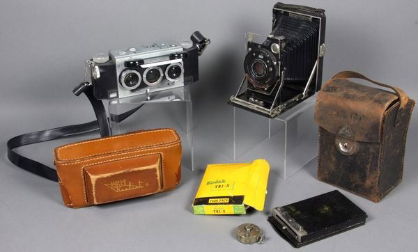 Realist Stereo Camera, Kamera Werkstaten: Camera lot, including Realist Stereo Camera with F 2.8 lens, plus Kamera Werkstaten folding camera. Not tested.