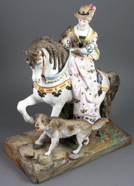 19th C. French Handpainted Bisque Statue: 19th Century French handpainted bisque figural statue, signed, 16"h. x 12"l. x 6 1/2"w. Old repair on horse's leg and hat.