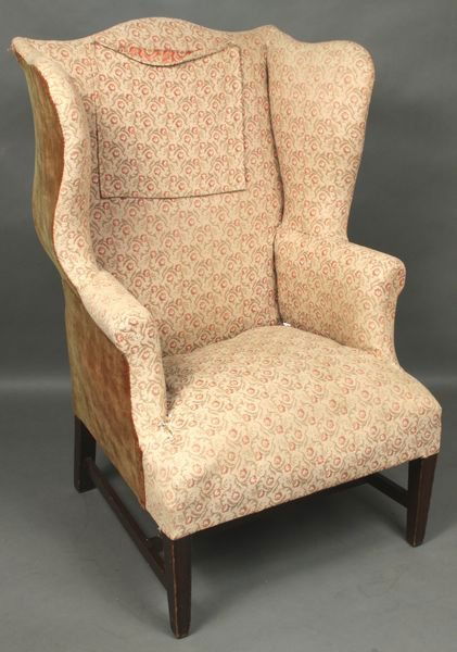 19th C. New England Mahogany Wing Chair: 19th Century New England Chippendale mahogany upholstered wing-back chair, 46 1/2"h. x 32"w. x 30"d.