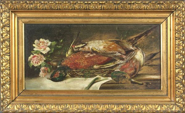19th C., Still Life of Hunter's Bounty, o/c: 19th Century still life of hunter's bounty, pheasant, ducks, quail, flowers on table, o/c, 7 1/2" x 14 1/2"h., in fine period frame 10 1/2" x 17 1/2". Good condition.