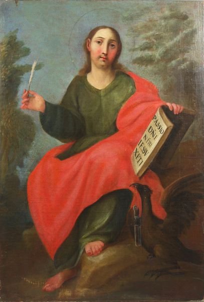 19th Century, Religious Passage, o/c: 19th Century, Religious Passage, robed man with halo holding books and quill pen, book having a passage "Passio Dni Ntri Jessv Xpti", and eagle holding glass tube in its beak. 39 1/2" x 27". Good cond