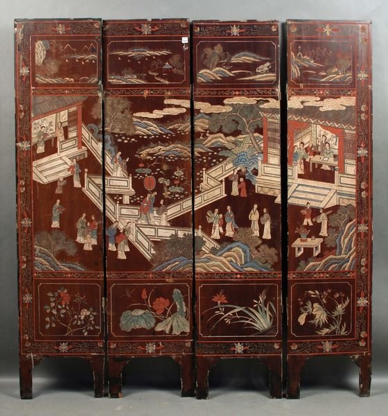 Early 20th Century Hand-Painted Carved 4-Panel Sc: Early 20th Century Chinese hand-painted and carved four-panel screen, overall 70"h. x 64"w. Fair condition.