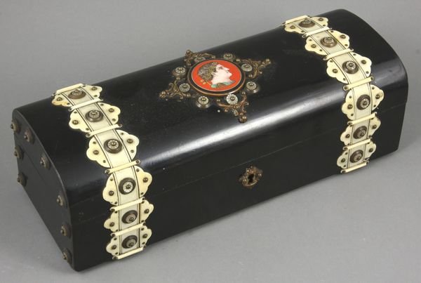 19th C. French Ebonized Wood/Ivory Glove Box: 19th Century French ebonized wood and ivory glove box with central porcelain medallion, 3 5/8"h. x 11 1/2"w. x 4 1/4"d. Good condition.