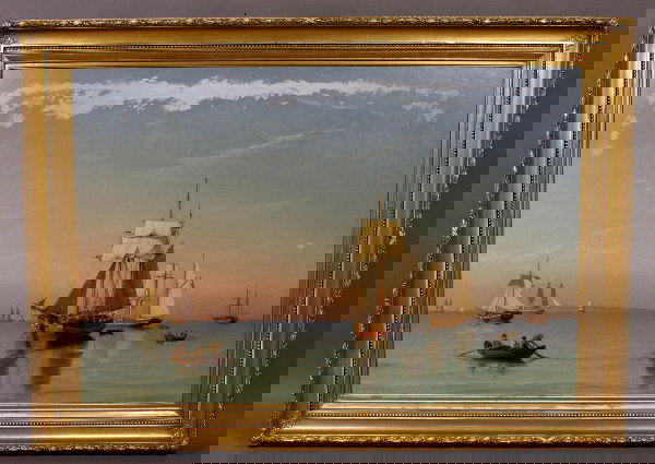 SIGNED CARL BILLE OIL ON CANVAS NAUTICAL: Carl Ludwig Bille (1815-1898), calm seas, o/c, 36 1/2" x 54", signed LL, provenance: Allsion Gallery, NY. Gilt frame. Relined. Also, please note, the clouds have been added at a later date.