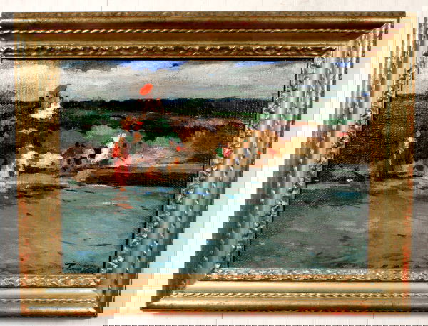 SIGNED FRANCOIS GALL OIL ON CANVAS BEACH SCENE: Francois Gall, beach scene, o/c, 19" x 27", signed LR. Framed. Good condition, relined.