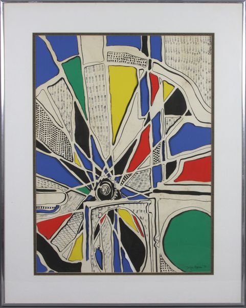 Signed Arlyne Norman, Abstract, Mixed Media: Arlyne Norman (American, 1932-1990), abstract, mixed media, signed and dated "73" LR, 11 1/4" x 17 1/2" (sight), in frame 30 1/2" x 24 1/4". Some spotting LR.