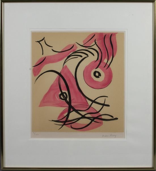 Man Ray, Lithograph Signed in Pencil, 81/180: Man Ray (Emmanuel Radnitzky, American,1890-1976), abstract lithograph, signed in pencil LR and numbered 81/180, 14 1/2" x 12 3/4" (sight), in frame 23 1/4" x 21 1/4". Good condition.