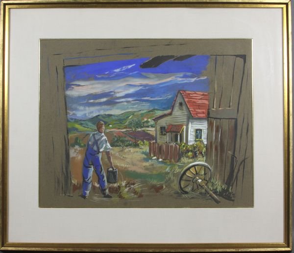 Pastel of Farmer in His Yard, Unsigned: Pastel of farmer in his yard, unsigned, 18" x 23" (sight), in frame 27 3/4" x 32". Good condition.