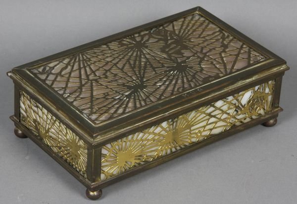 Bronze Slag Glass Covered Box, Tiffany Studio: Bronze slag glass covered box marked Tiffany Studio NY #801, initialed on top MDG, 2 1/4"h. x 6 1/2"w. x 4"d.