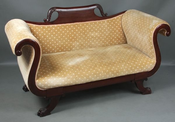 19th C. American Empire Mahogany Loveseat: 19th Century American Empire mahogany loveseat, 34"h. x 60"w. x 29"d. Good condition.